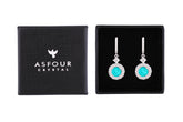 Asfour Crystal Hoop Earrings With Halo Turquoise Round Stone In 925 Sterling Silver-ED0124-GC